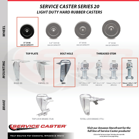 Service Caster 3 Inch Hard Rubber Wheel Swivel 10mm Threaded Stem Caster SCC-TS20S314-HRS-M1015